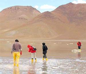 El equipo del Laboratorio de Investigaciones Microbiológica de Lagunas Andinas en la lagunda Diamante, en Catamarca Foto: MARIA EUGENIA FARIAS.